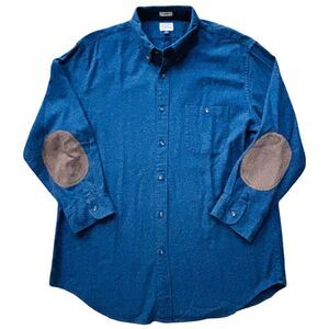 J Crew Flannel Shirt Mens XL Blue Cotton Elbow Patch Button Up Preppy Casual